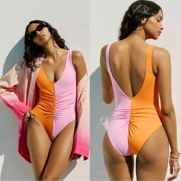 Solid and Striped Lucia One Piece Swim Colorblock Pink and orange‎ - Picture 1 of 6